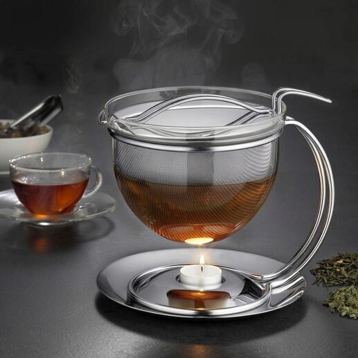 Théière de 1,5 l avec bouteille de thé claire sur un réchaud.
