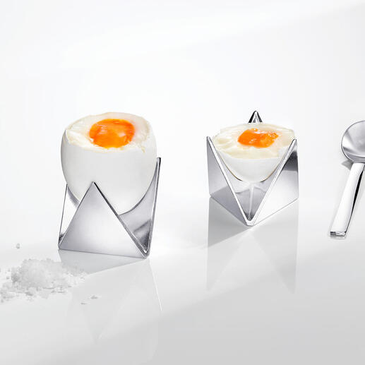 Coquetiers Alessi en forme de deux petites coupelles pliées.