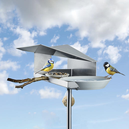 Mangeoire à oiseaux design Protège la nourriture de la pluie tout en récupérant l’eau dans l’abreuvoir.