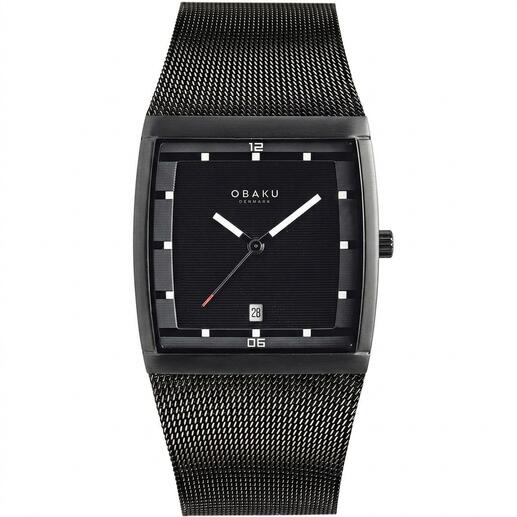 Montre pour homme Obaku carrée en noir avec bracelet en cuir.