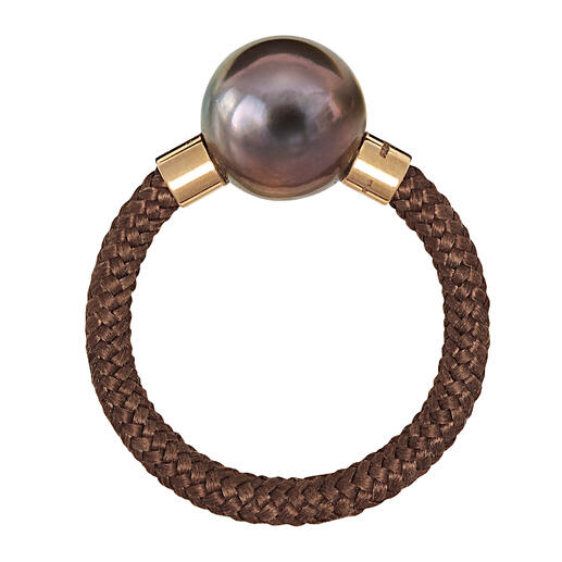 Bague ou Bracelet Tahiti, or rose Design délicat et moderne fait de perles de culture de Tahiti, d’or véritable, d’argent sterling et de nylon.