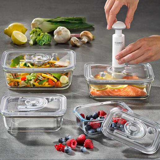 Boîtes sous vide en verre, lot de 4 pièces Elles conservent vos aliments jusqu’à 8 fois plus longtemps. Hygiéniques et adaptées pour le congélateur, le four et le micro-ondes.