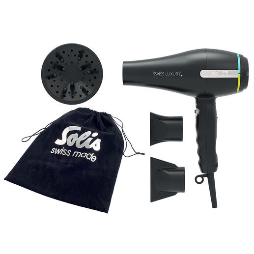 Le kit comprend : un sèche-cheveux professionnel Solis, un diffuseur, 2 buses (6 et 7,5 cm), une pochette de rangement. Le kit comprend : un sèche-cheveux professionnel Solis, un diffuseur, 2 buses (6 et 7,5 cm), une pochette de rangement.