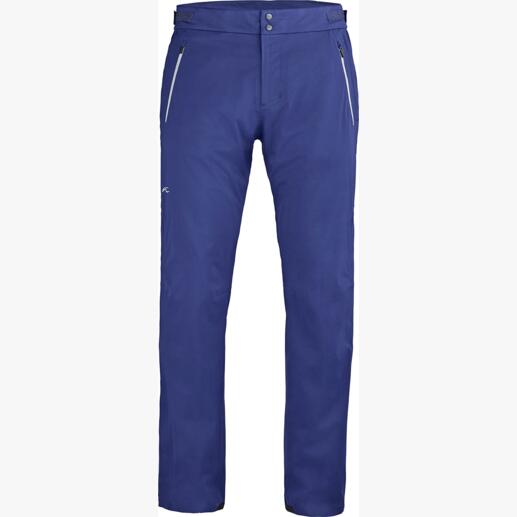 Pantalon bleu pour femme avec fermeture éclair et deux poches latérales.