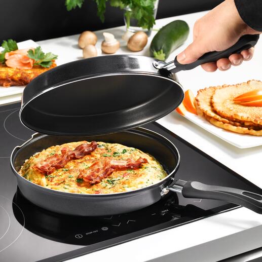 Poêle double à induction La double poêle pour préparer omelettes et crêpes proprement. Maintenant disponible pour tous les types de plaques de cuisson, même l’induction.