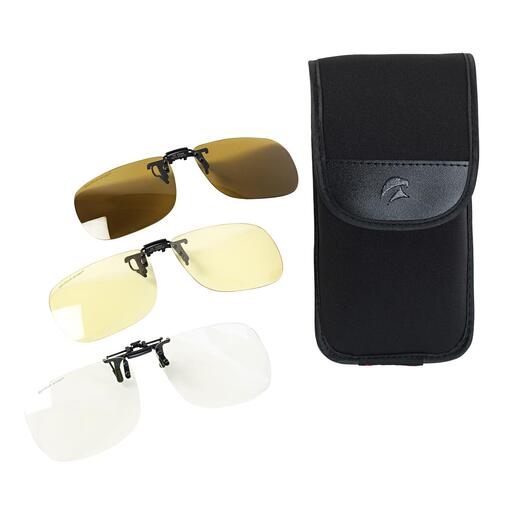 Système de lunettes 3-en-1 Eagle Eyes® Lunettes de soleil, de vision nocturne ou dʼordinateur : le tout en un clic. De Eagle Eyes®, États-Unis.