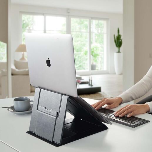 Support pliable pour ordinateur portable 5-en-1 Cet objet pliable au design récompensé tient votre ordinateur portable dans 5 positions de travail ergonomiques, que ce soit debout ou assis.