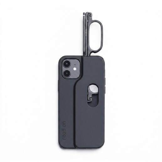 Coque de téléphone avec stylo et lunettes de lecture intégrés en noir.