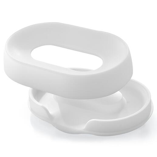 L’anneau en silicone et le récipient collecteur avec évacuation intégrée permettent au savon de rester sec de manière hygiénique.