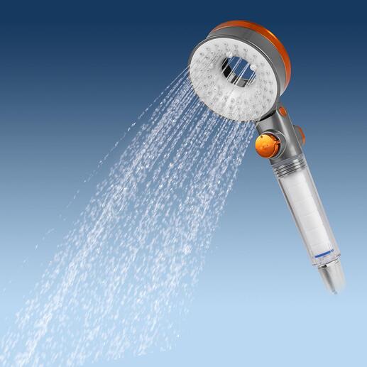Pommeau de douche économiseur d’eau avec système de filtration Pour jusqu’à 65 % de consommation d’eau en moins, presque sans perte de pression. Au design élégant.