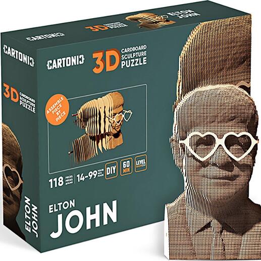Emballage du puzzle 3D avec image du modèle en carton d'un homme portant des lunettes en forme de cœur.