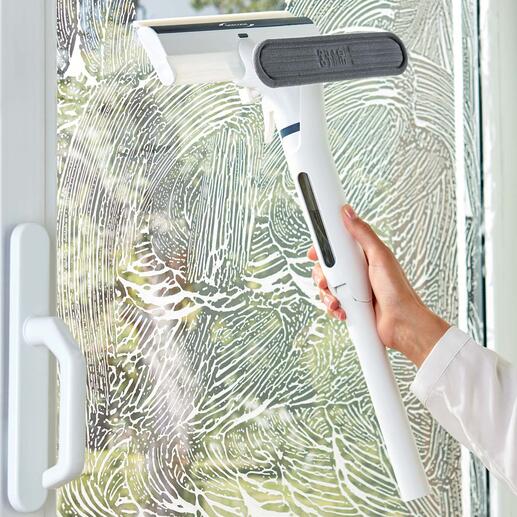 Essuie-vitres téléscopique 3-en-1 Pulvérisez, nettoyez, essuyez – et c’est propre ! Sans traces, ni gouttes.