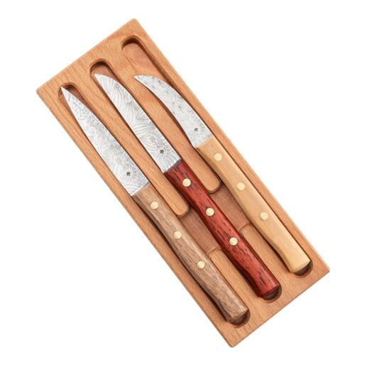 Lot de 3 pièces dans un beau coffret en bois : composé de 2 couteaux de cuisine Zöppken (1 x lame courbée, 1 x lame droite) et d’un couteau d’office.