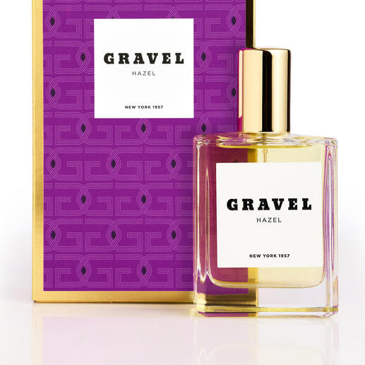 Gravel Hazel Eau de Parfum Spray dans une boîte orange et violette