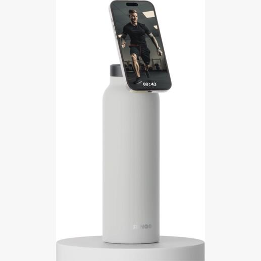Bouteille 2-en-1 claire avec smartphone et chronomètre actif.