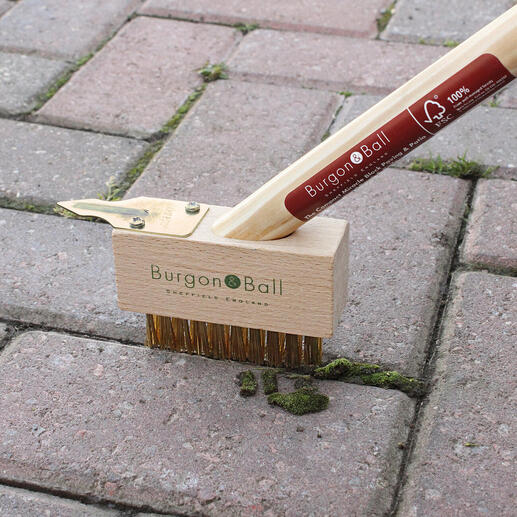 Brosse de joint contre les mauvaises herbes en action, enlevant les mauvaises herbes entre les pavés.