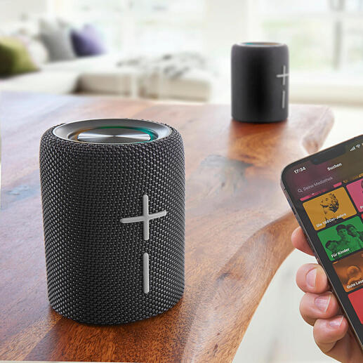 Smartphone affichant une application de streaming musical à côté d'un haut-parleur Bluetooth séparé.