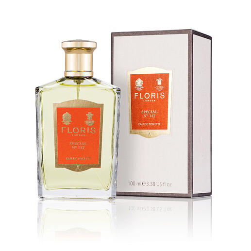 Floris No. 127, flacon de parfum de 100 ml en forme rectangulaire avec un bouchon doré.