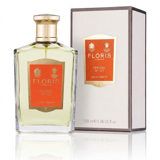Floris No. 127, flacon de parfum de 100 ml en forme rectangulaire avec un bouchon doré.