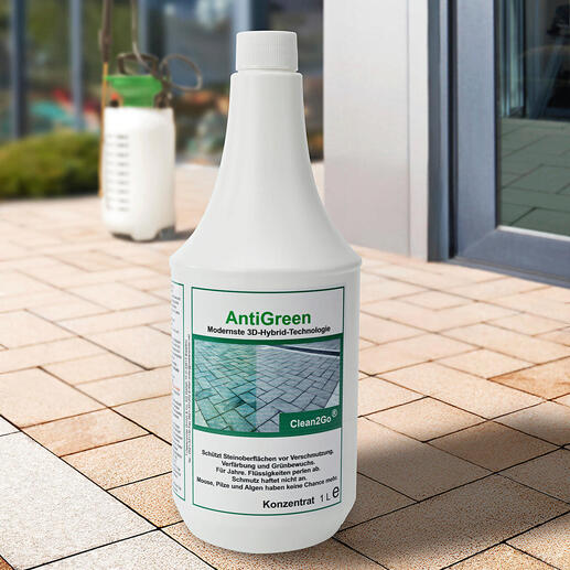 Bouteille AntiGreen, 1 litre de concentré sur un sol pavé