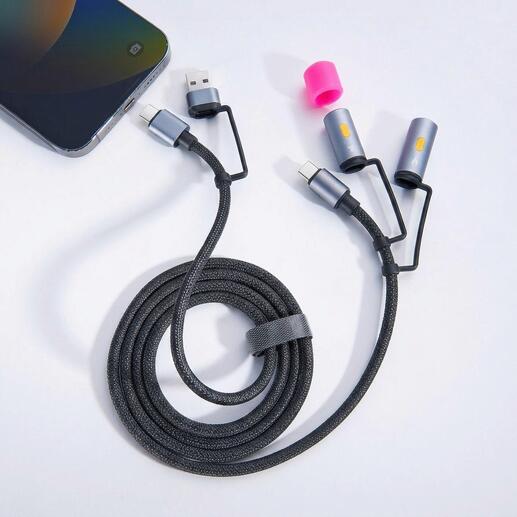 Câble de chargement 4-en-1 avec plusieurs options de connexion sur une table à côté d'un smartphone.