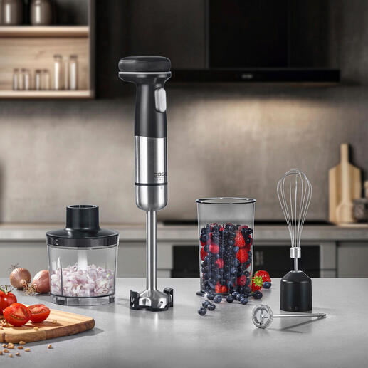 Ensemble de mixeur plongeant sans fil avec mixeur, fouet, et conteneur sur un comptoir de cuisine.