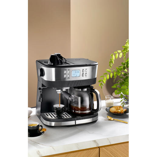 Machine à café espresso/filter gourmet sur un plan de travail de cuisine.