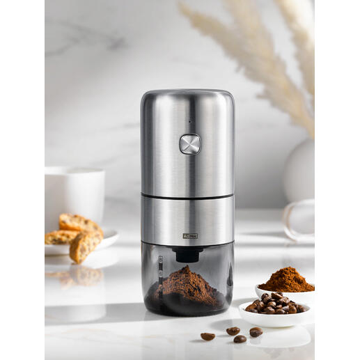 Moulin à café sans fil avec finition en acier inoxydable et contenant à grains de café.