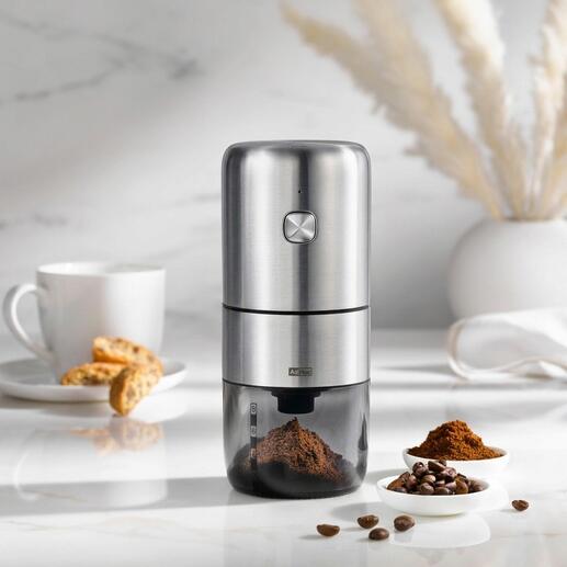 Moulin à café sans fil avec finition en acier inoxydable et contenant à grains de café.