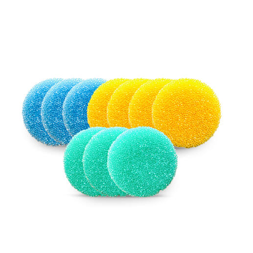 Eponge de remplacement, lot de 10 Ensemble de 10 éponges de nettoyage colorées sur un fond blanc.