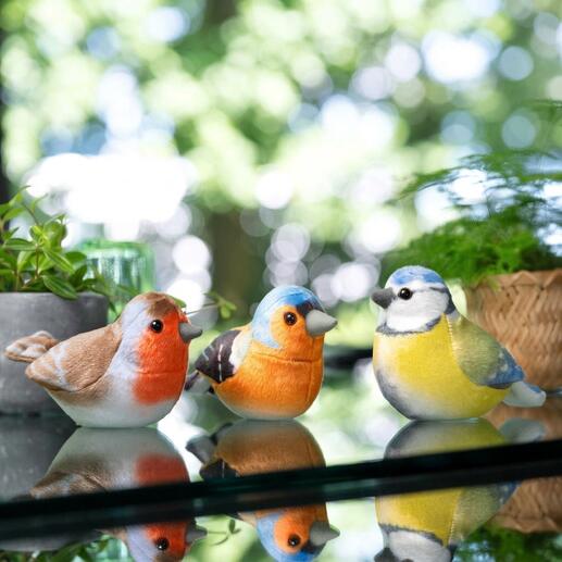 Trois figurines d'oiseaux décoratifs aux couleurs naturelles.