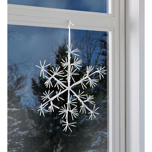 Flocon de neige LED suspendu à la fenêtre avec vue sur le jardin.