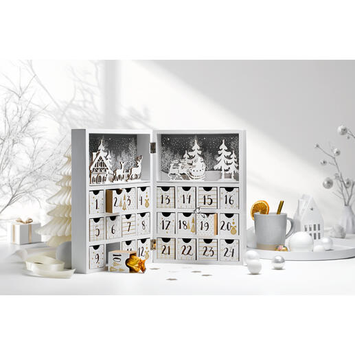 Calendrier de l'Avent Winterdorf avec 24 compartiments et décoration hivernale.