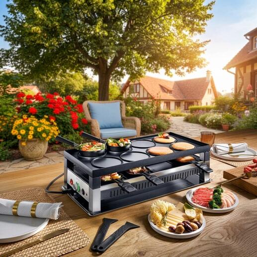 Gril à raclette 5-en-1 Solis sur une terrasse, entouré de plantes et de tables.