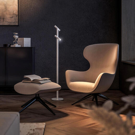 Lampadaire moderne avec lampe torche dans le salon avec une lumière chaleureuse.