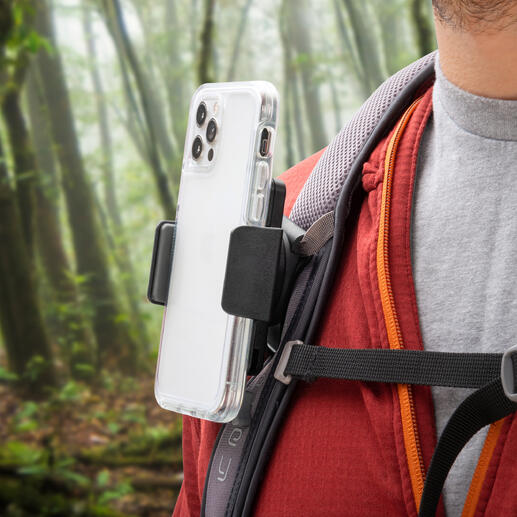 Support de ceinture pour smartphone attaché à un sac à dos.