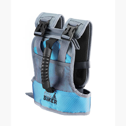 Gilet d'apprentissage de vélo bleu avec des sangles réglables.