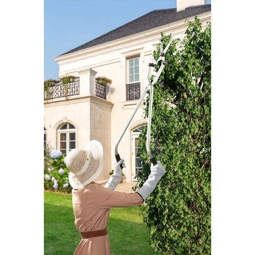 Femme taillant des plantes hautes dans le jardin avec des ciseaux de jardin multi-angle.