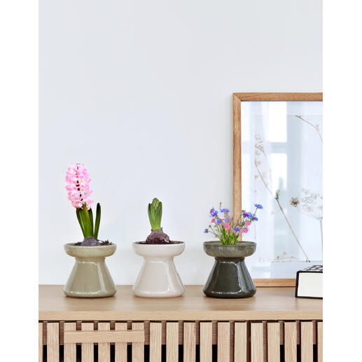 Trois pots décoratifs avec des fleurs dans un design moderne sur une étagère.