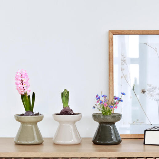 Trois pots décoratifs avec des fleurs dans un design moderne sur une étagère.