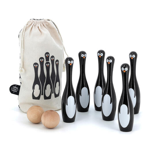 Ensemble de quilles pingouins avec sept quilles et deux boules en bois dans un sac en coton.
