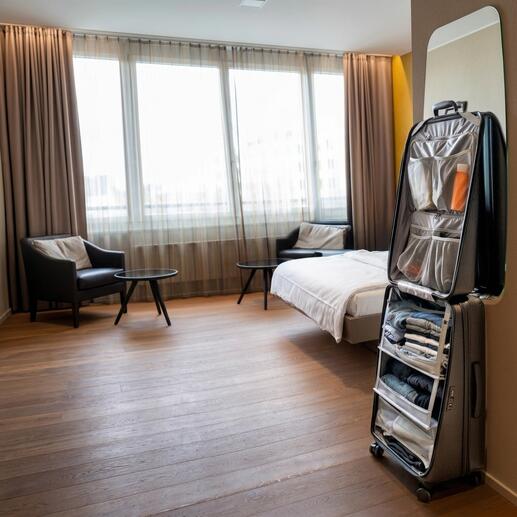 Valise dans une chambre d'hôtel, ouverte avec des vêtements et des accessoires.