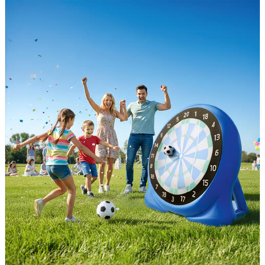 Famille jouant au football-dart à l'extérieur avec une grande cible.