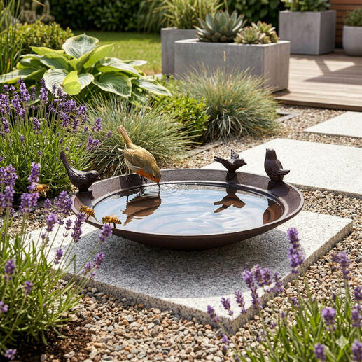 Abreuvoir pour oiseaux en métal avec des oiseaux et de l'eau dans le jardin.
