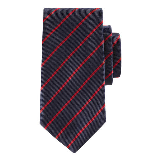 Cravate en soie Ascot bleu marine avec des rayures rouges sur fond blanc.