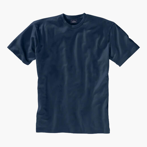 Le Ragman à 155 g Résistant et pourtant souple et léger. Opaque mais assez fin pour pouvoir être aussi porté sous une chemise. T-shirt Ragman 155 g en bleu foncé sur fond blanc.