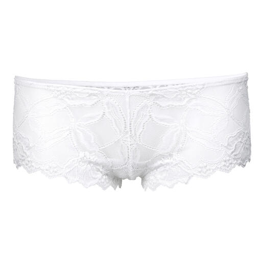 Boxer blanc en dentelle avec ceinture élastique sur fond blanc