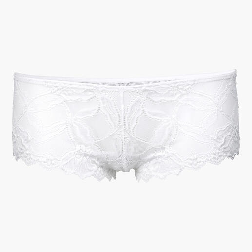 Boxer blanc en dentelle avec ceinture élastique sur fond blanc