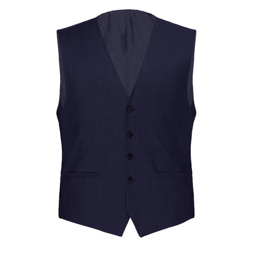 Gilet bleu foncé à quatre boutons, pris de face.