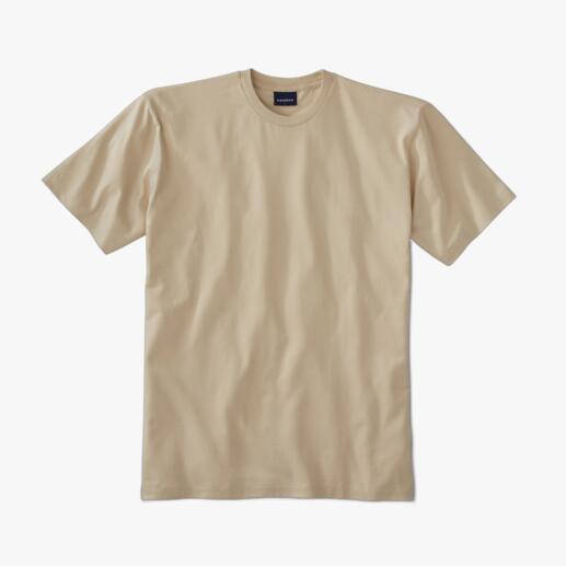 T-shirt beige à plat sur fond blanc.